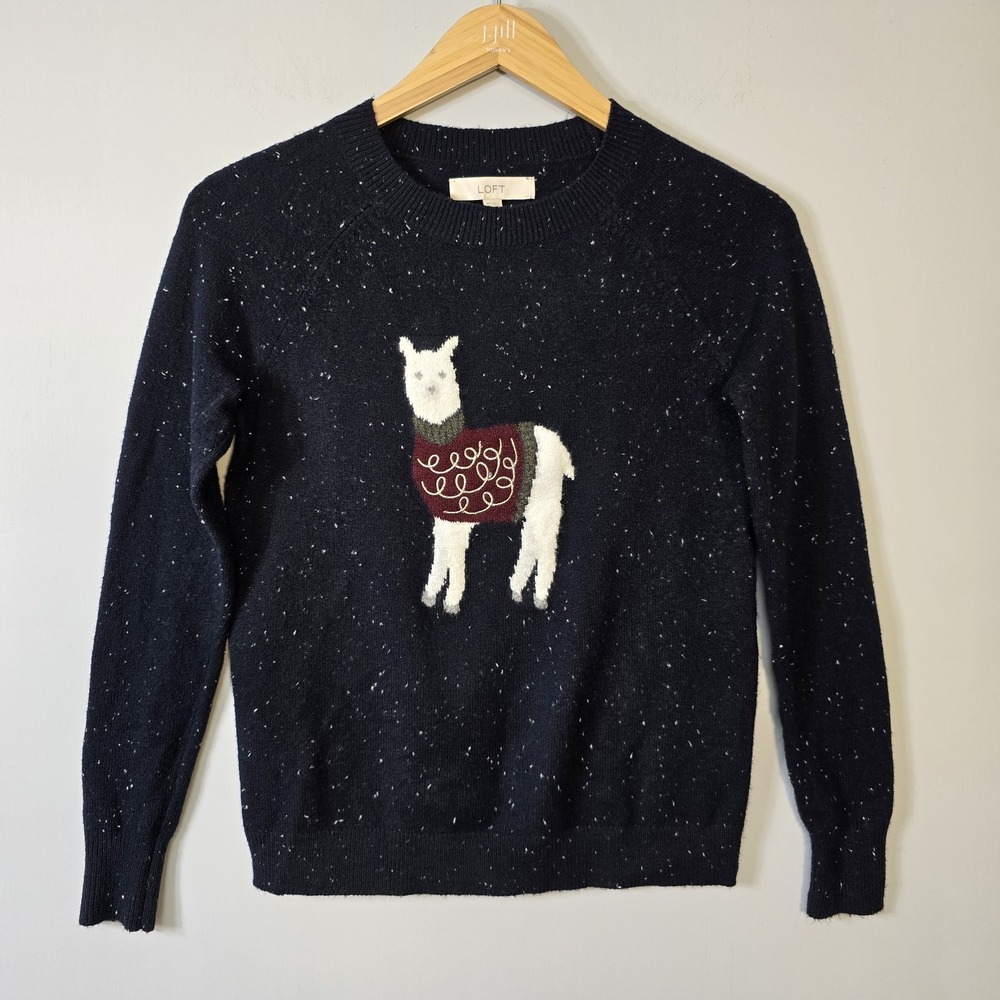 Ann Taylor Loft Llama Sweater Intarsia Size XS Flecked Navy Stretch Winter Prep